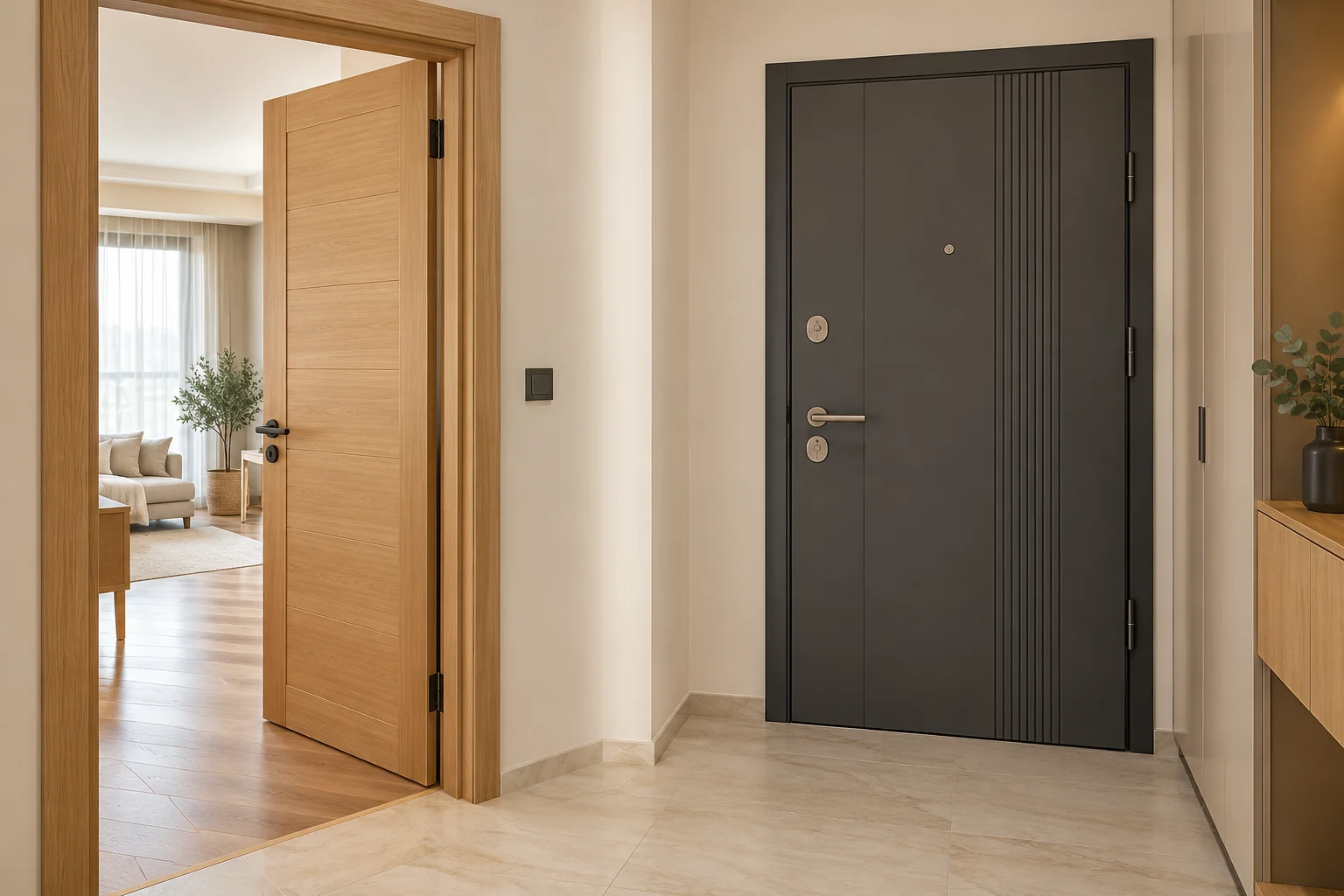 Meşe iç kapı ve antrasit çelik kapı